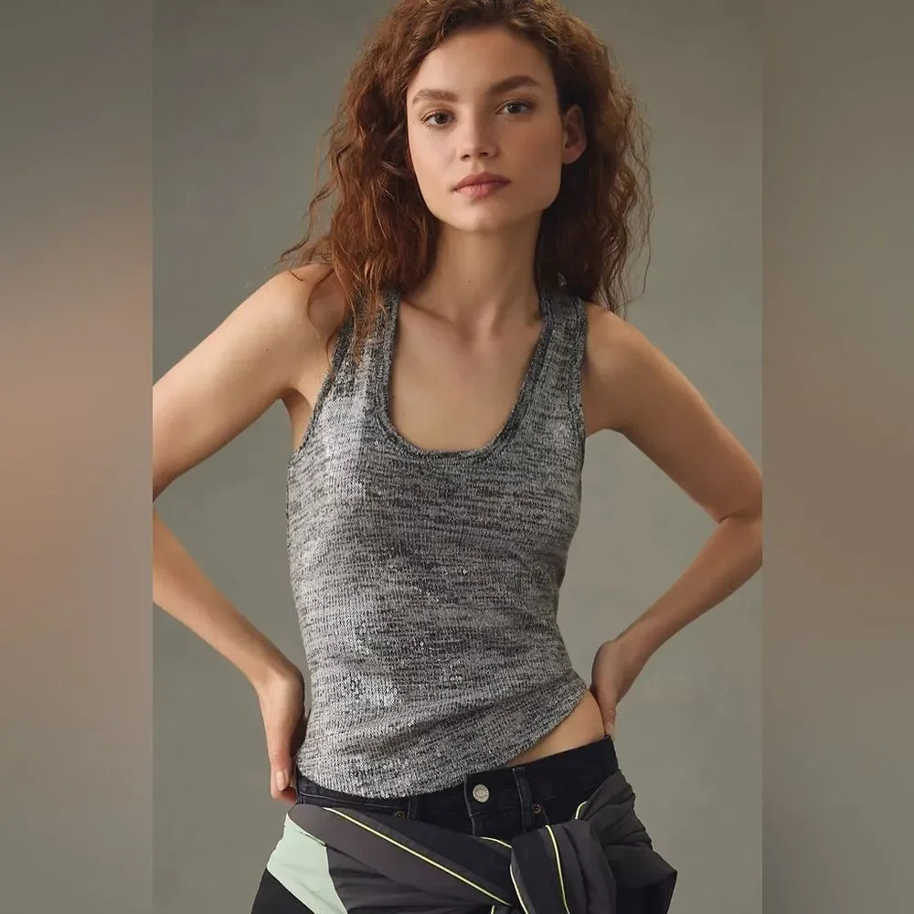 PILCRO by ANTHROPOLOGIE Sequin Scoop Tank in Light Gray